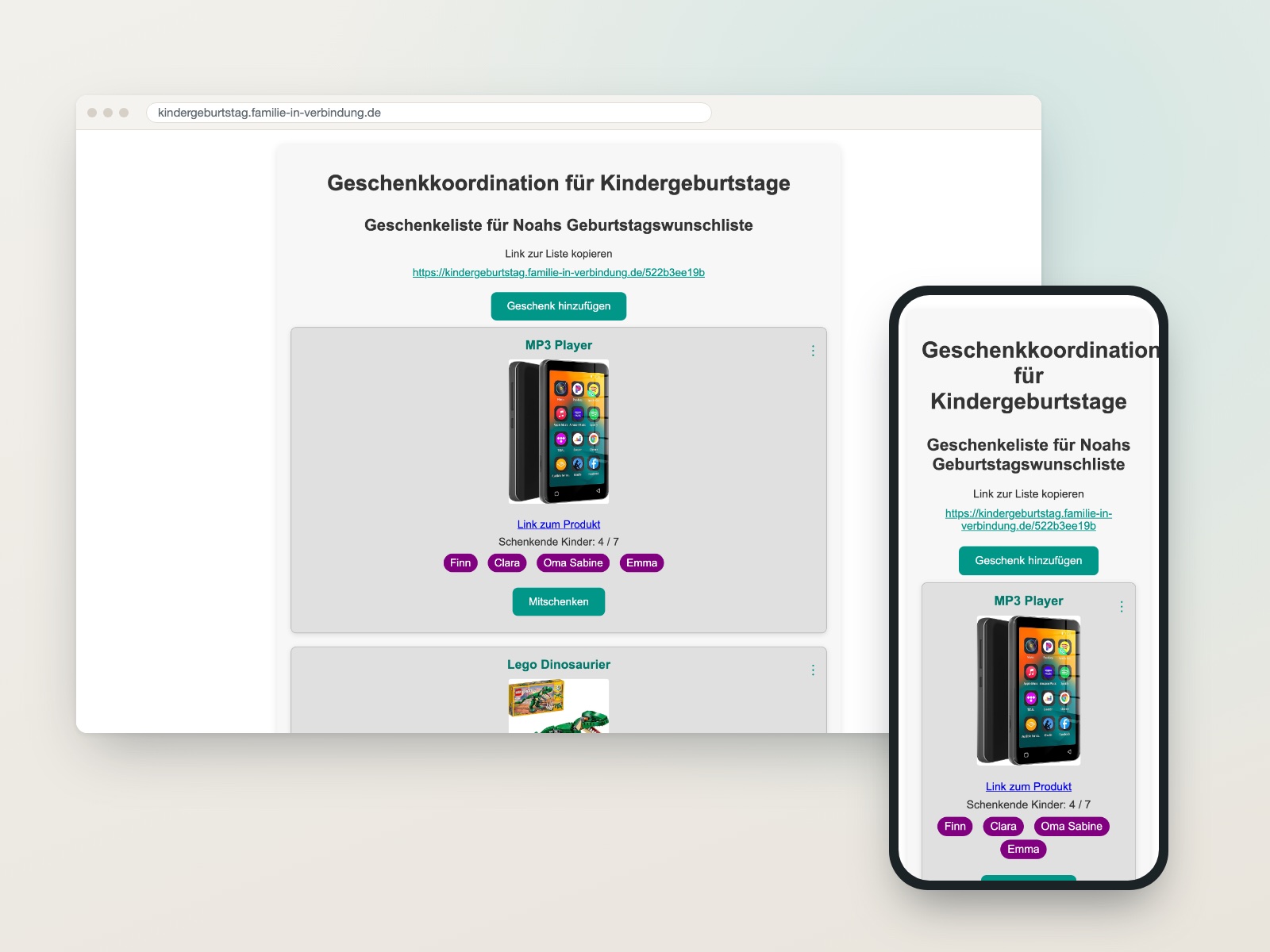 Der Geschenk-Manager im Browser und auf dem Handy: eine Beispielliste mit Geschenkkarten, Produktbild, der Anzeige „Schenkende Kinder 4/7“ und den Namen der Schenkenden.