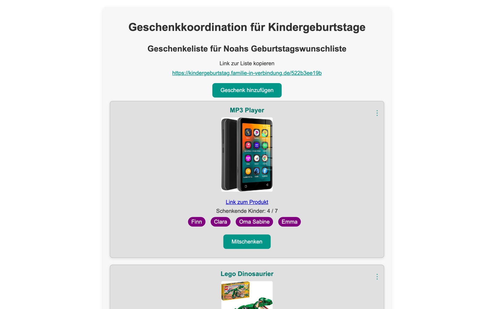 Eine Beispiel-Geschenkliste im Geschenk-Manager am Computer: Link zum Teilen, Button „Geschenk hinzufügen“ und die ersten Geschenkkarten.