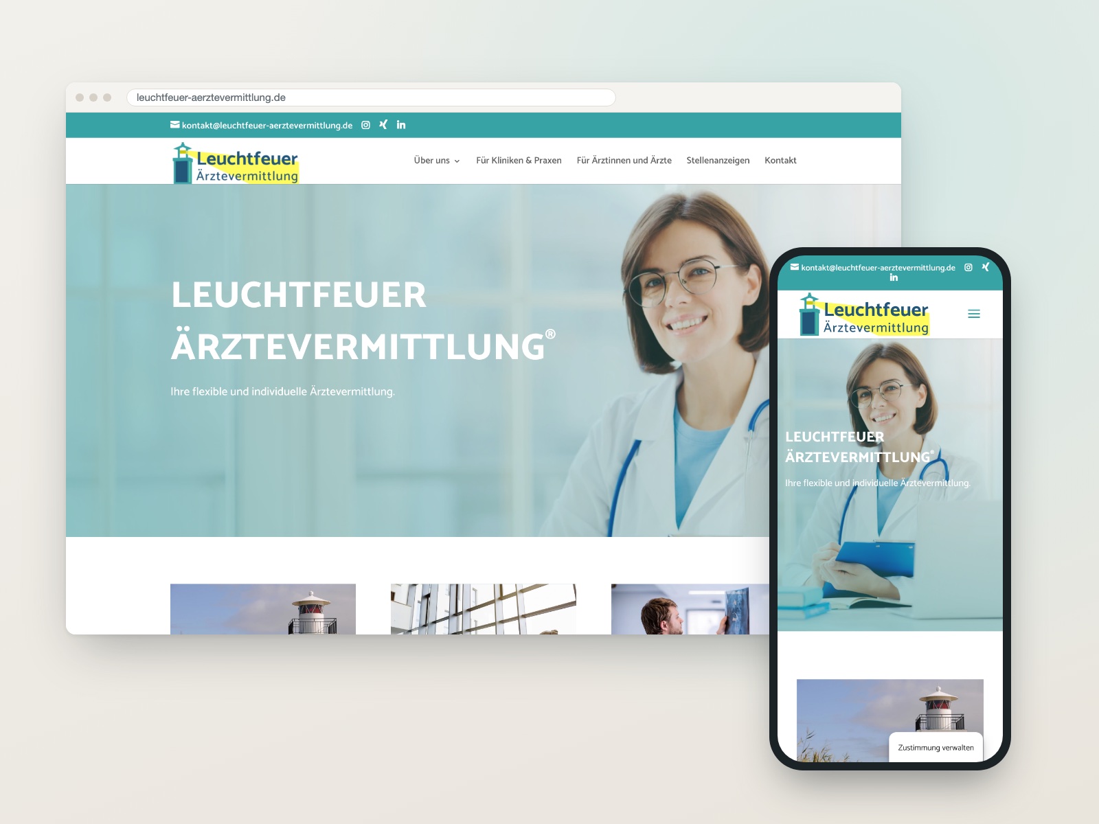 Website der Leuchtfeuer Ärztevermittlung im Browser und auf dem Handy: großes Titelbild einer Ärztin, darunter Textkacheln.