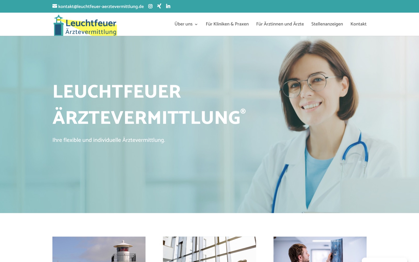 Startseite der Leuchtfeuer Ärztevermittlung am Computer: Navigation mit getrennten Bereichen für Kliniken und für Ärztinnen und Ärzte, darunter das große Titelbild.