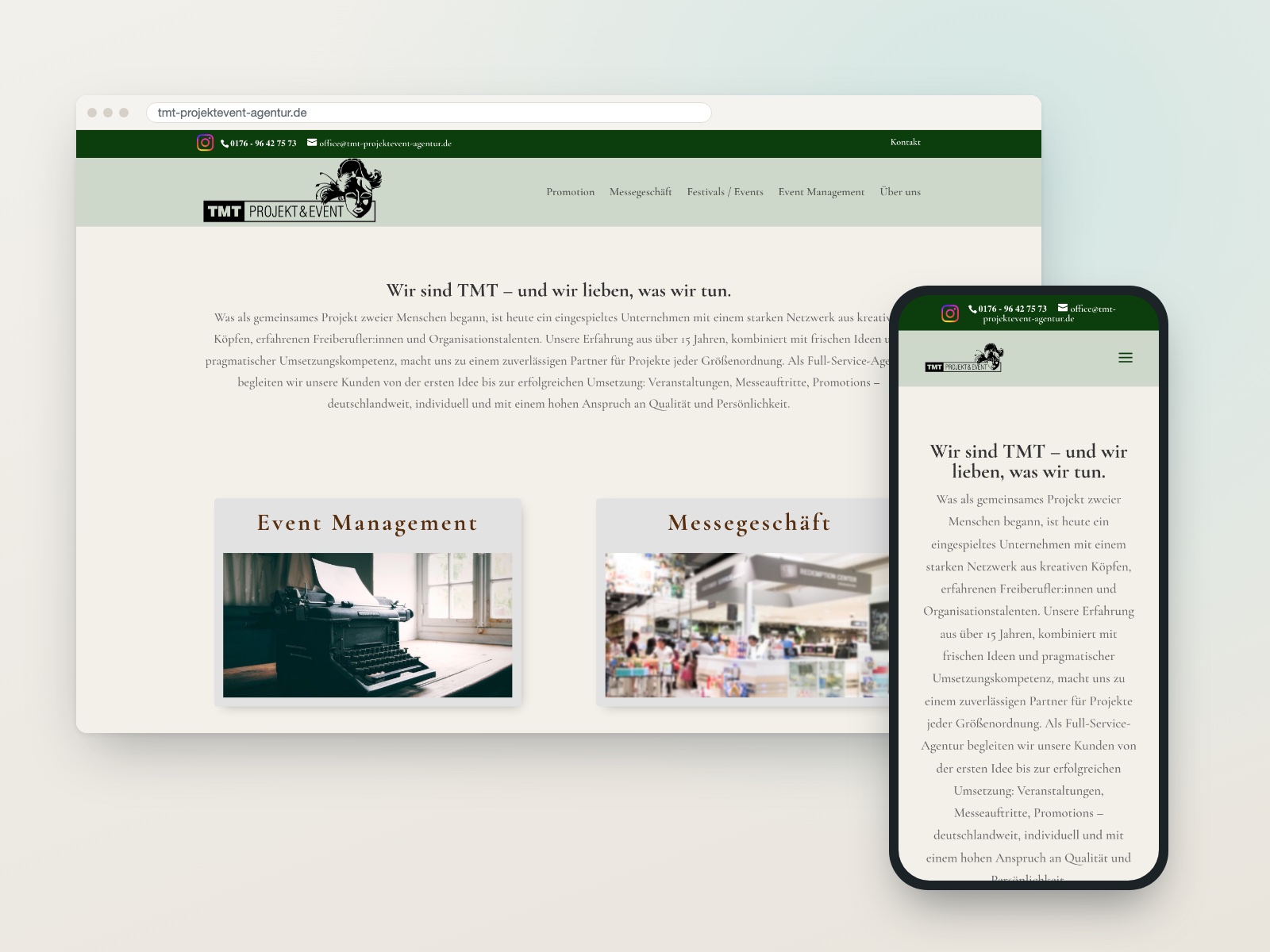 Website der TMT Projekt & Event-Agentur im Browser und auf dem Handy: grüne Kopfzeile, darunter „Wir sind TMT – und wir lieben, was wir tun.“ und Kacheln zu Event Management und Messegeschäft.