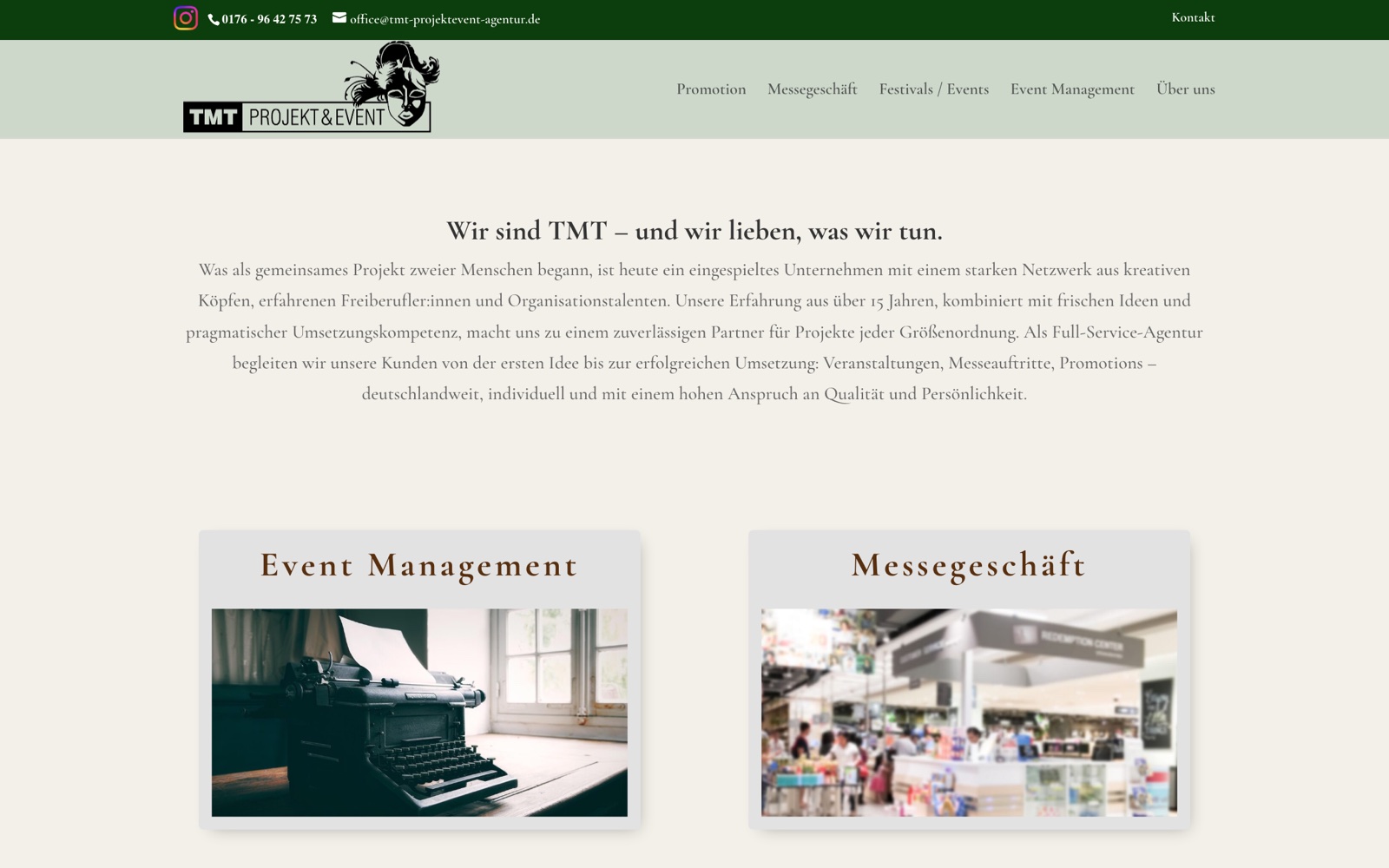 Startseite der TMT Projekt & Event-Agentur am Computer: Logo, Navigation mit Promotion, Messegeschäft, Festivals und Event Management, darunter der Vorstellungstext.