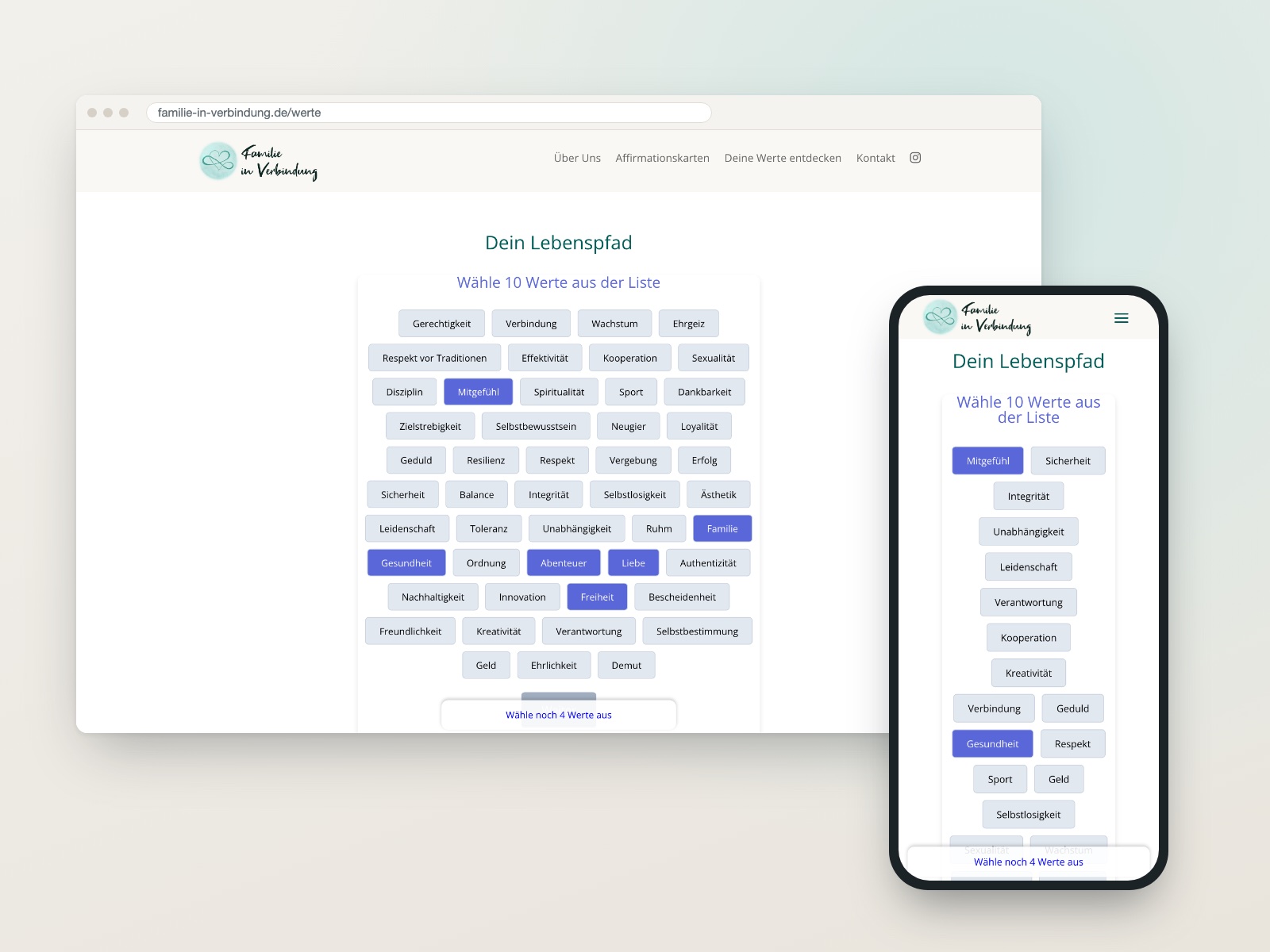 Der Werte-Finder im Browser und auf dem Handy: eine Wolke aus Wertebegriffen, einige davon farbig ausgewählt.